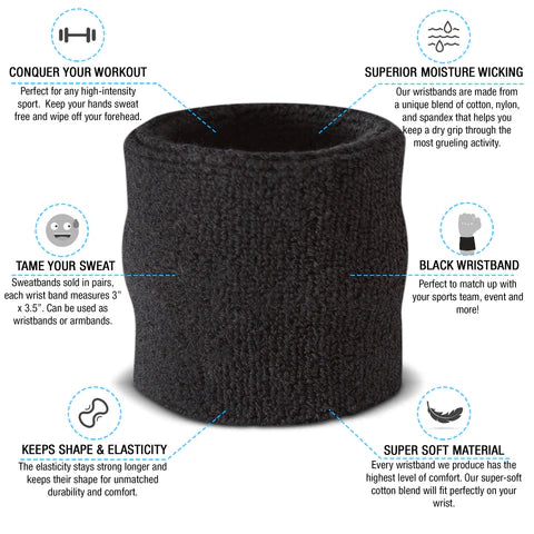 Black Towelling Sports Headband and Wristbands Set - Highly Absorbent Sweatbands for Running, Gym, Yoga & Athletics - Comfortable Fit for Men & Women