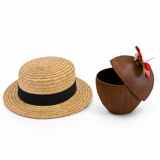 Straw boater hat and coconut cup summer set
