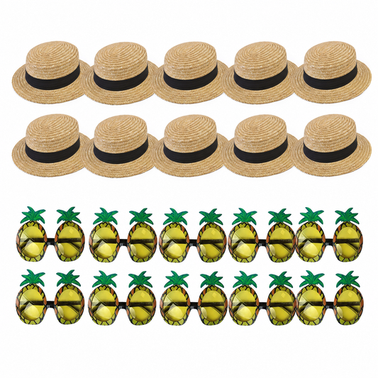10 Person Summer Boater Hat & Pineapple Glasses Party Pack – 20 Pieces
