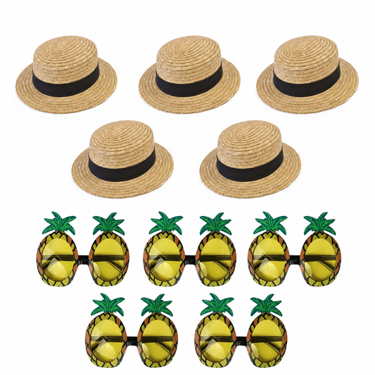 5 Person Summer Boater Hat & Pineapple Glasses Party Pack – 10 Pieces