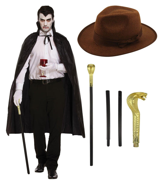 Brown Explorer Hat Adults Black Long Cape Snake Cane Safari Sorcerer's Halloween Party Fancy Dress Kit - Labreeze