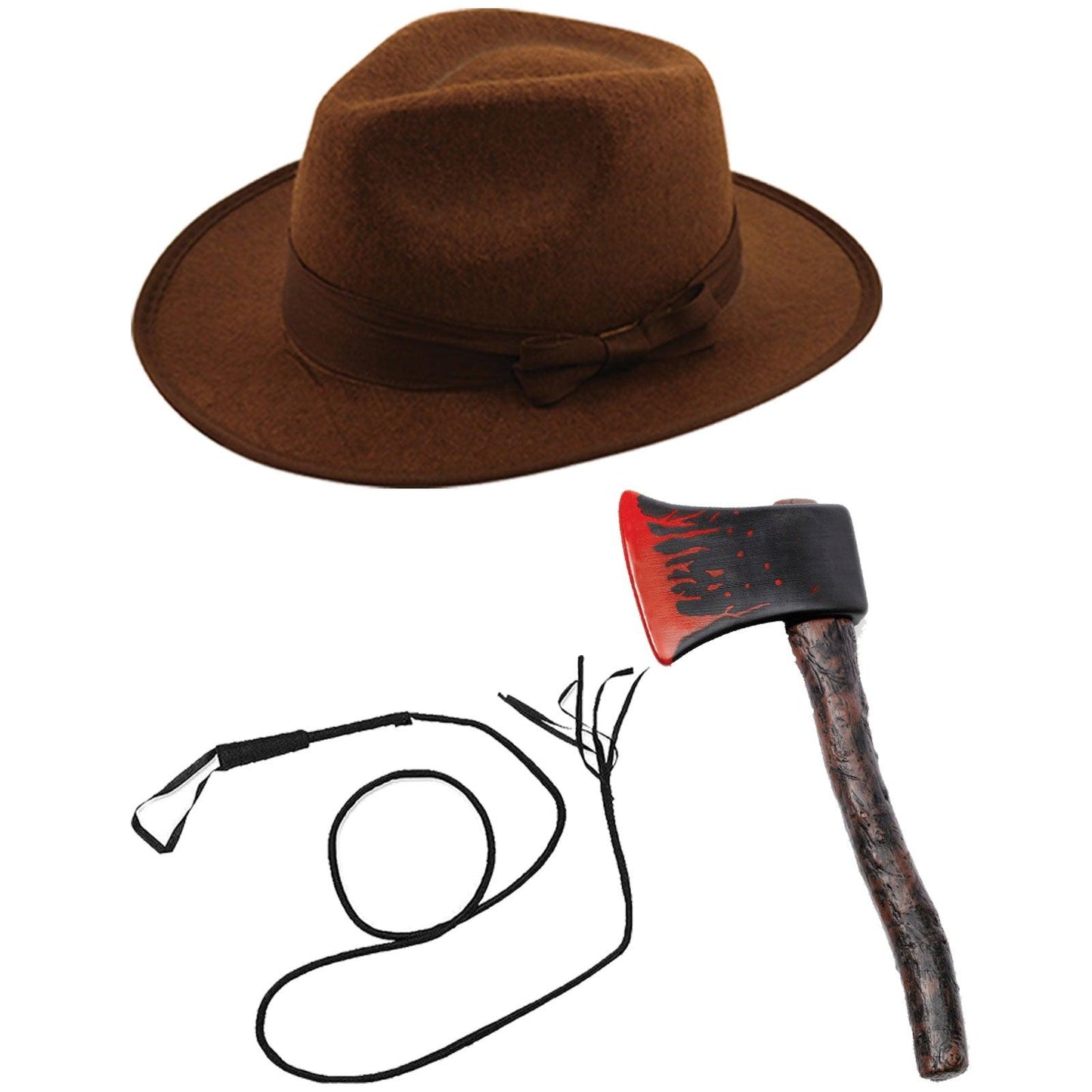 Brown Explorer Hat Bull Whip Fake Bloody Axe Adults Scary Spooky Halloween Haunted Hunter Set - Labreeze