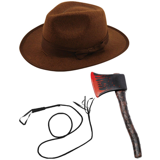 Brown Explorer Hat Bull Whip Fake Bloody Axe Adults Scary Spooky Halloween Haunted Hunter Set - Labreeze