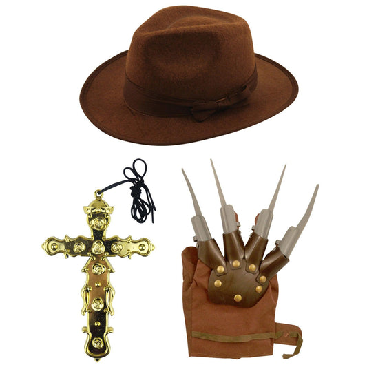 Brown Explorer Hat Gold Cross With Cord Claw Hand Glove Halloween Adults Ghostly Gold Hunter Set - Labreeze