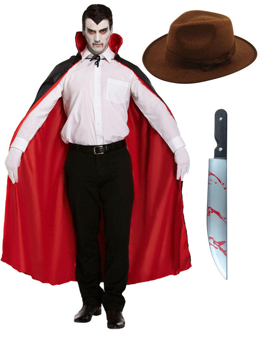 Brown Explorer Hat Red Reversible Cape Fake Blooded Knife 50 Cm Halloween Adults Crypt Raider's Expedition Kit - Labreeze