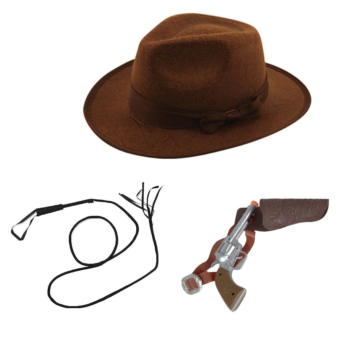 Brown Explorer Hat with Band Black Bull Whip Toy Gun with Holster Adults Halloween Explorer Kit - Labreeze