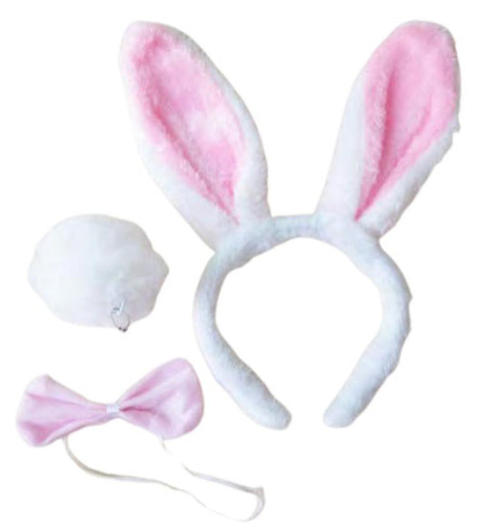 Bunny Rabbit Ears Headband Tail Bow Tie White Pink 3 Pcs Set Easter Fancy Dress Costume Accessories - Labreeze