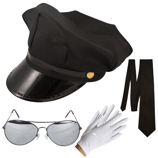 Chauffeur Cap Limo Taxi Driver Theme Hat White Gloves Aviators Glasses Neck Tie Kit Adults Fancy Dress - Labreeze