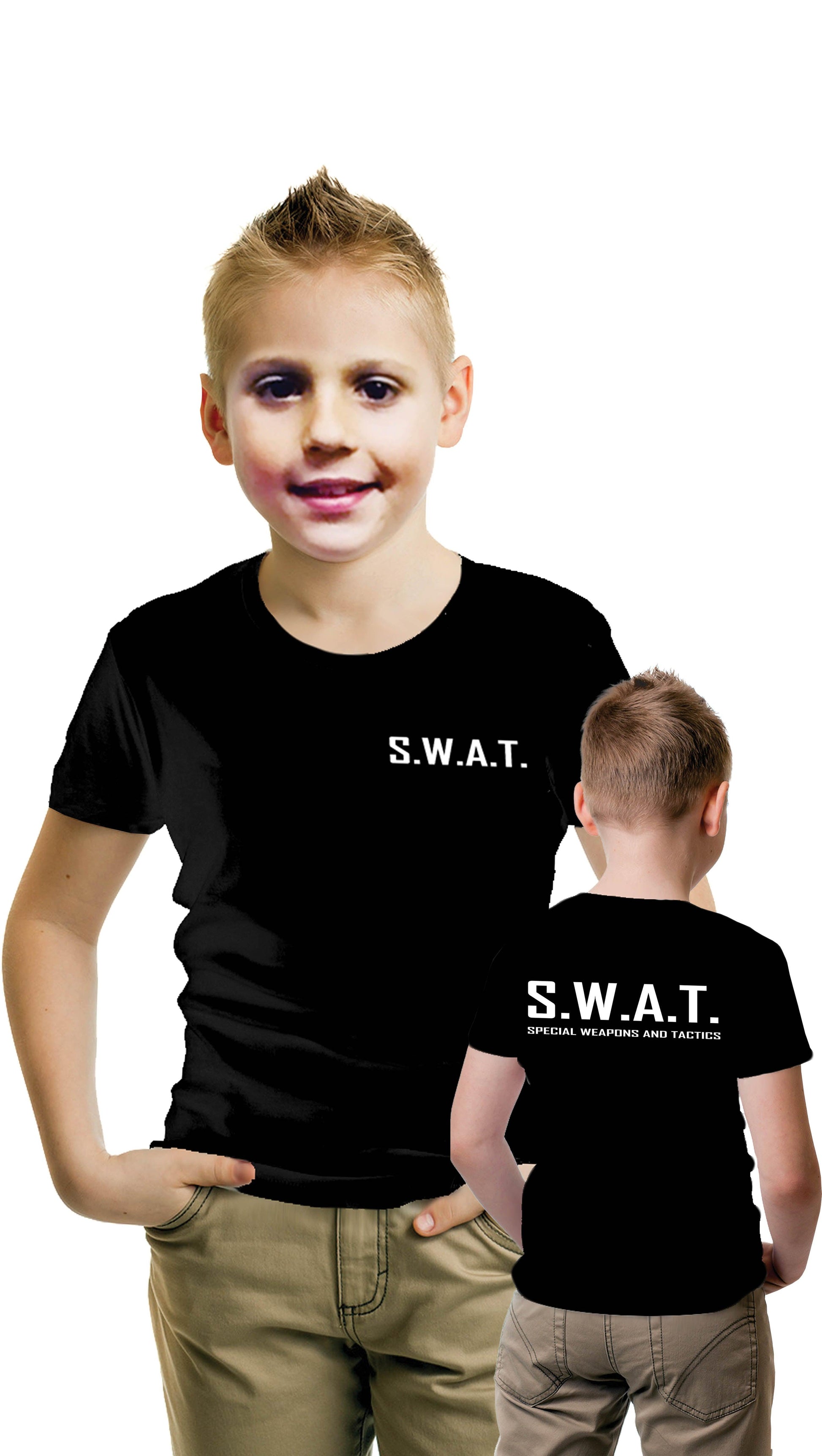Children's Boys SWAT Printed T-shirt & Cap Kit World Book Day Kids Unisex Police Fancy Dress - Labreeze