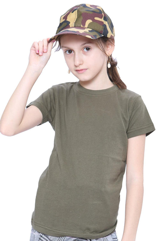 Children's Khaki Green Army T-Shirt Short Sleeves Boys Cadet Casual Cotton Top Fancy Dress - Labreeze