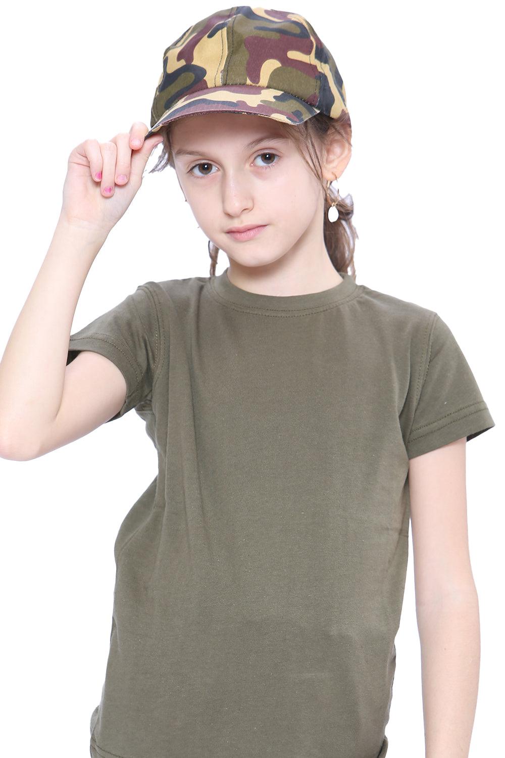 Children's Khaki Green Army T-Shirt Short Sleeves Boys Cadet Casual Cotton Top Fancy Dress - Labreeze