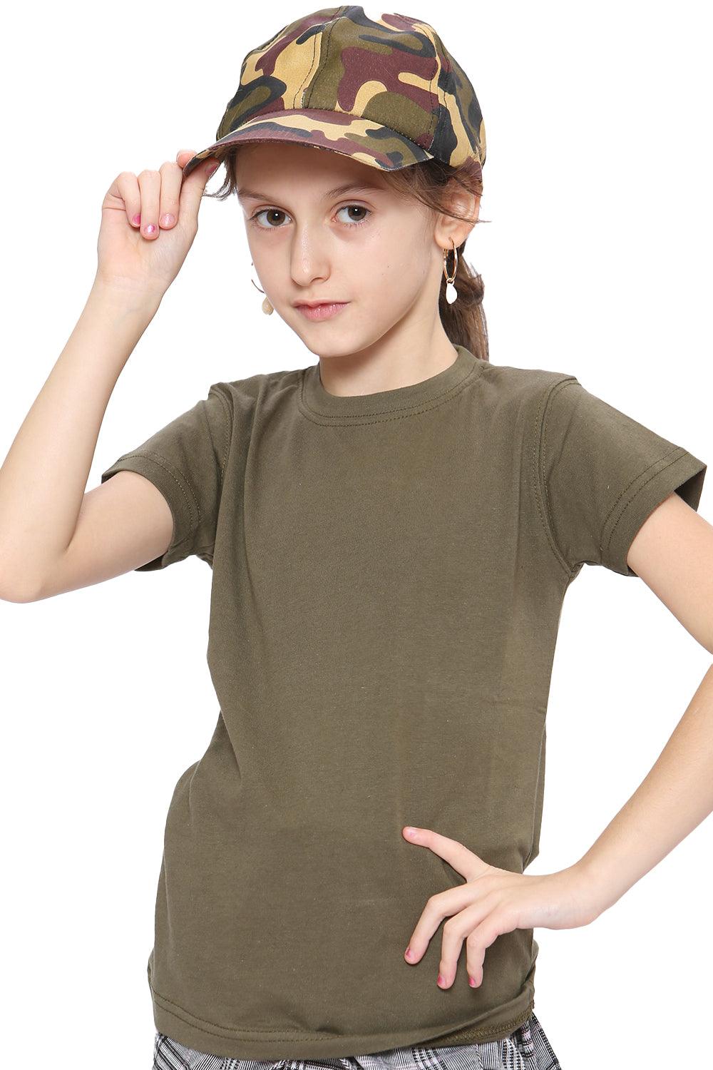 Children's Khaki Green Army T-Shirt Short Sleeves Boys Cadet Casual Cotton Top Fancy Dress - Labreeze