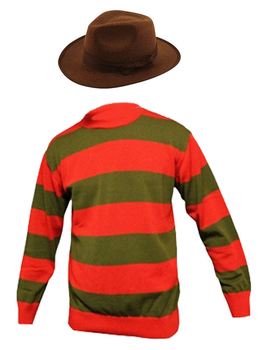 Children’s Red Green Stripe Knitted Jumper with Explorer Hat Freddy Krueger Style Kids Boys Halloween Fancy Dress Top - Labreeze