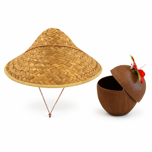 Conical straw hat and coconut cup set