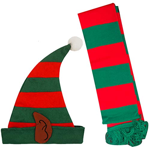 Ladies Christmas Miss Santa Helper Elf Hat with Ears & Red Green Scarf - Xmas Fancy Dress - Labreeze Ltd