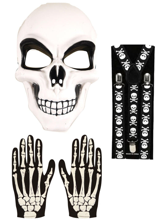 Day of the Dead Costume Set: Adults White Skeleton Mask, Bone Print Gloves, and Black Braces - Labreeze