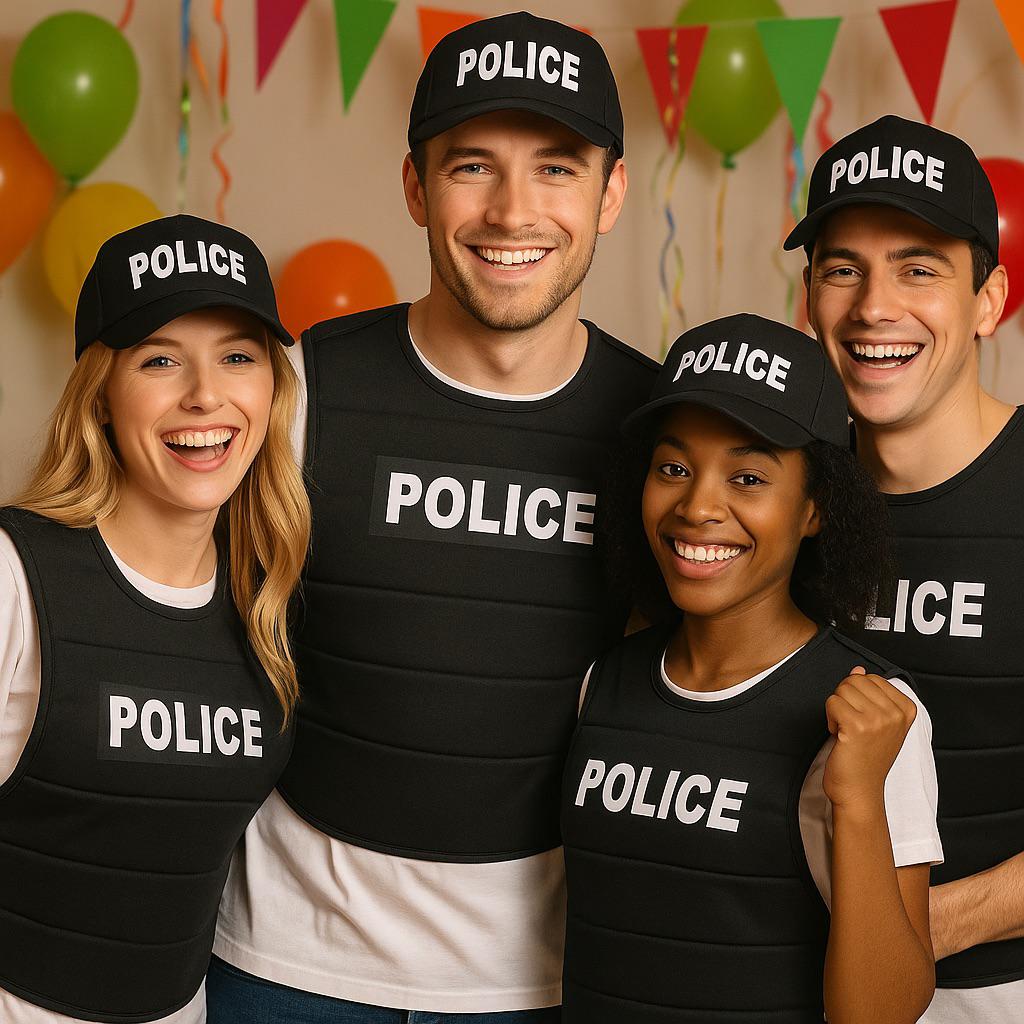 labreeze 4 x Adult Police Costume Sets – Black Police Vests & Matching Baseball Hats for Fancy Dress, Stag Nights, Halloween, Group Costumes & Themed Parties – Law Enforcement Outfit Set - Labreeze Ltd
