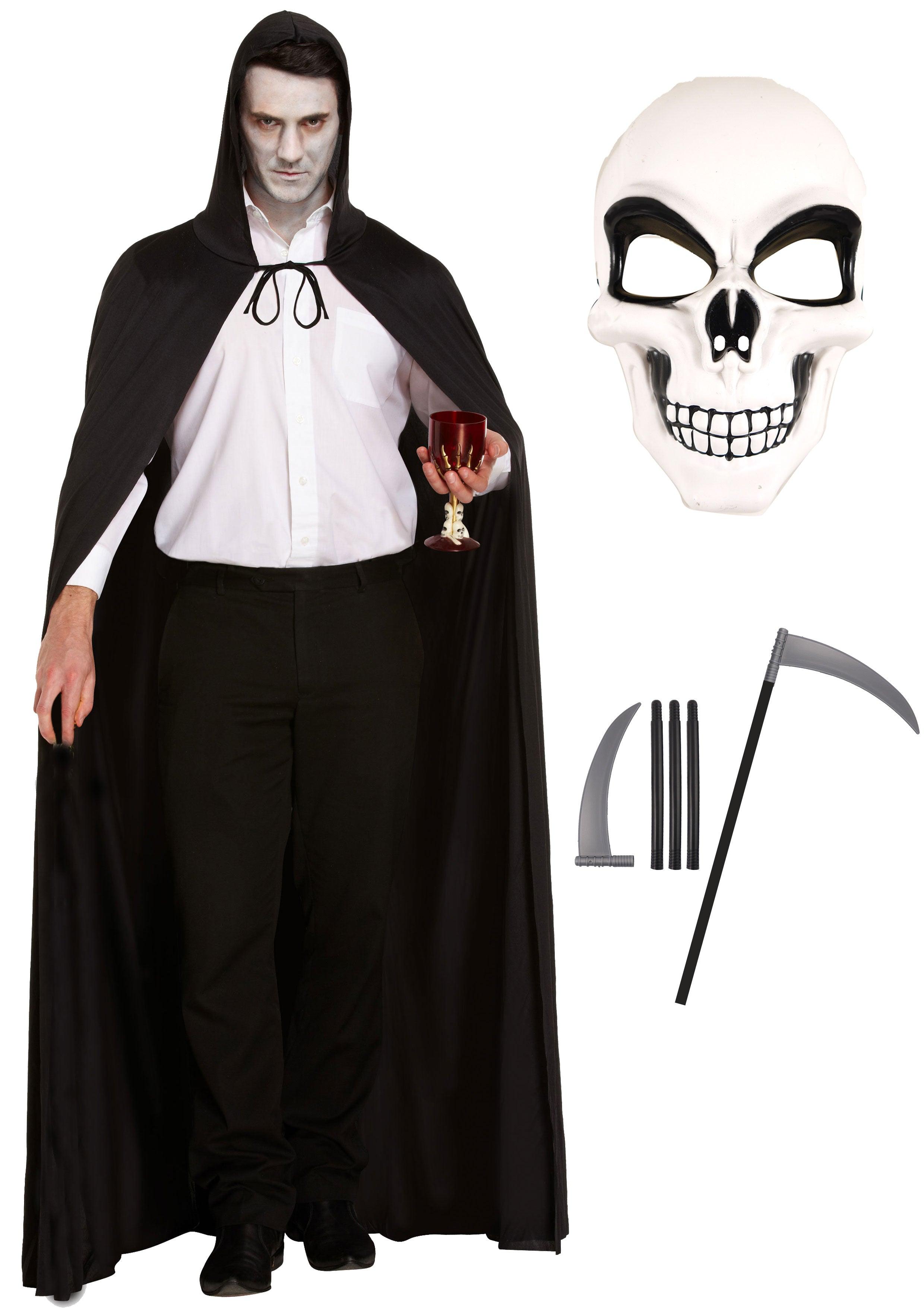 Eerie Nightmarescape Costume Set: Long Black Cape, Hood, White Skeleto ...