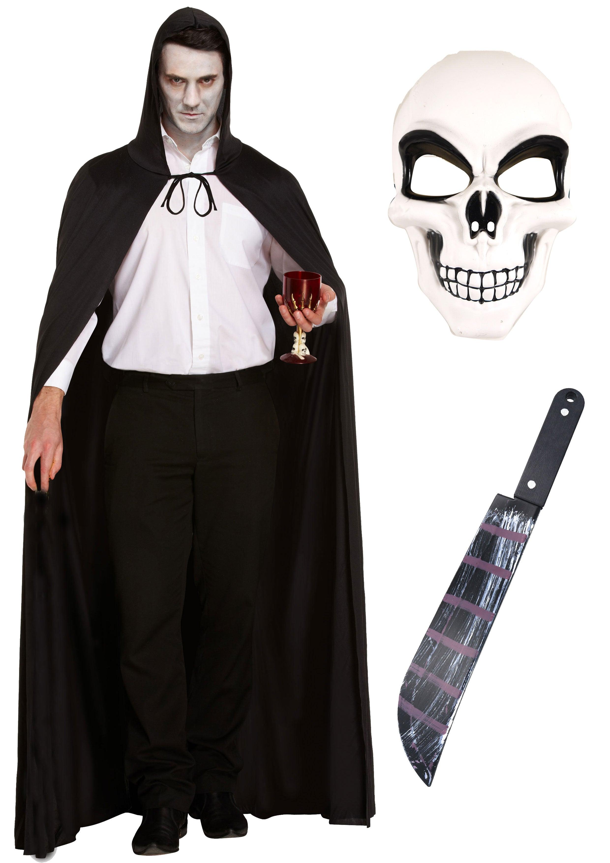 Eerie Nightmarescape Costume Set: Long Black Cape, Hood, White Skeleto ...