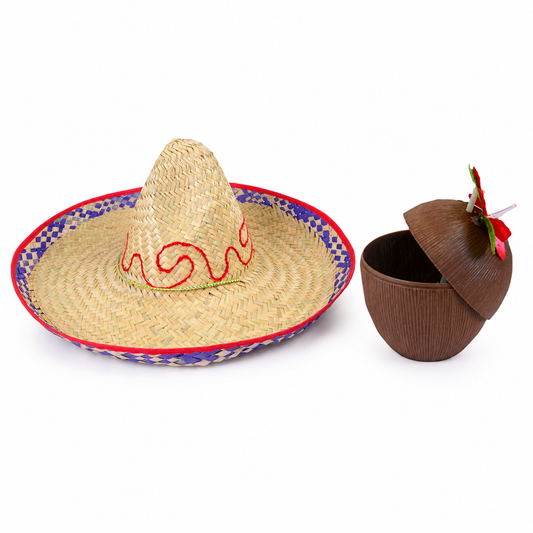 Embroidered straw sombrero and coconut cup set