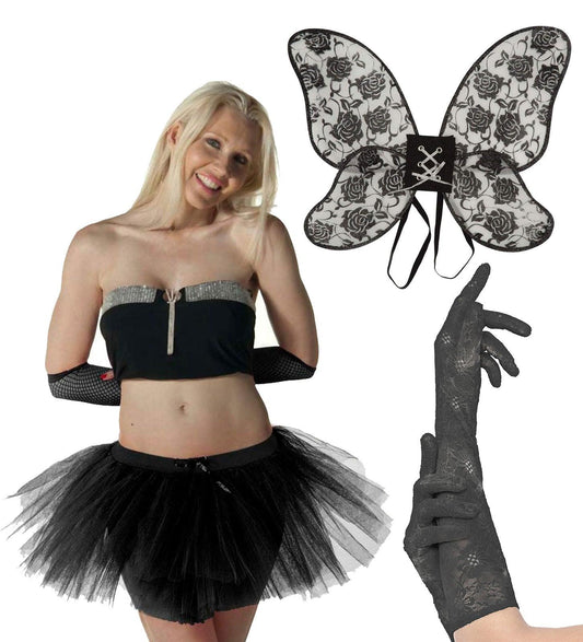 Enchanting Black Glitter Rose Fairy Wings, Tutu Skirt & Long Lace Gloves Halloween Fortune Teller Costume Set - Labreeze