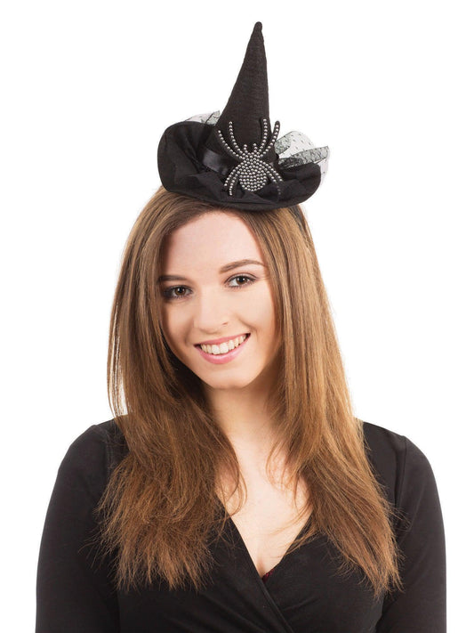 Enchanting Elegance: Black Witch Hat on Headband with Diamante Spider – Halloween Costume Accessory - Labreeze
