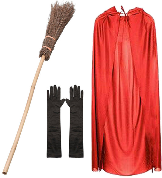 Enchanting Witch Costume Set: Red Satin Cape with Hood, Witch Broomstick, and Black Long Satin Gloves - Labreeze