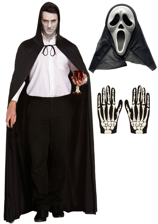 Ethereal Haunting Costume Set: Long Black Cape, Scream Ghost Killer Mask, and Skeleton Gloves - Labreeze