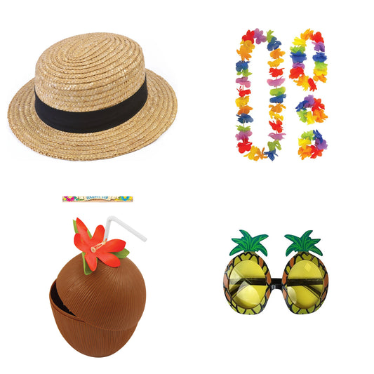 Exact products included in Adult Straw Boater Hat , 4 Piece Hawaiian Lei Set, Coconut Cup & Pineapple Glasses – 7 Piece Bundle