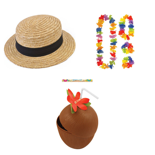 Exact products included in Adult Straw Boater Hat , 4 Piece Hawaiian Lei Set & Coconut Cup – 6 Piece Bundle