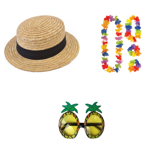 Exact products included in Adult Straw Boater Hat , 4 Piece Hawaiian Lei Set & Pineapple Glasses – 6 Piece Bundle