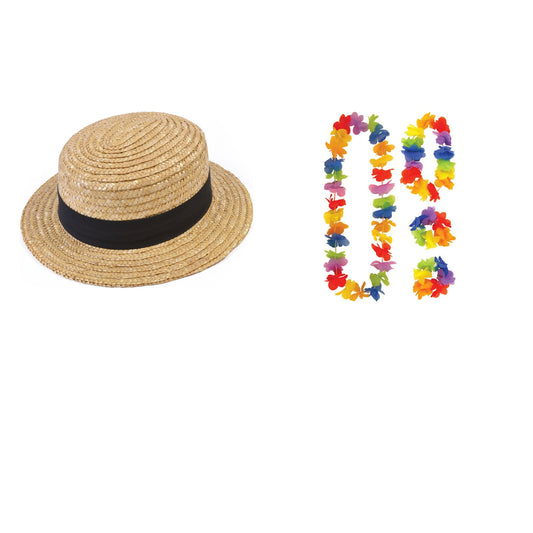 Exact products included in Adult Straw Boater Hat & 4 Piece Hawaiian Lei Set – 5 Piece Party Bundle
