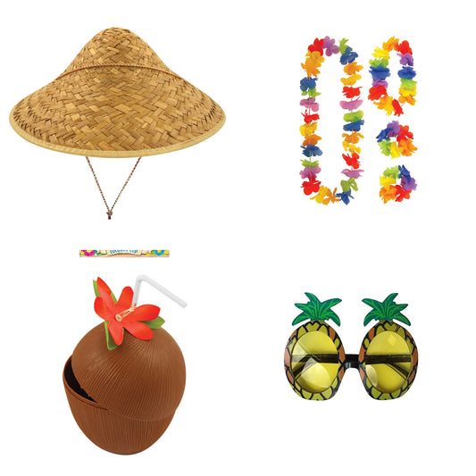 Exact products included in Conical Straw Hat , 4 Piece Hawaiian Lei Set, Coconut Cup & Pineapple Glasses – 7 Piece Bundle