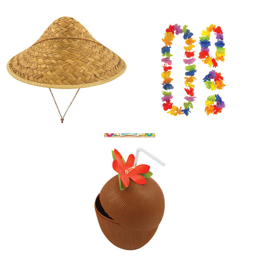 Exact products included in Conical Straw Hat , 4 Piece Hawaiian Lei Set & Coconut Cup – 6 Piece Bundle