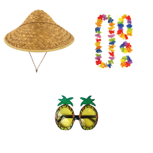 Exact products included in Conical Straw Hat , 4 Piece Hawaiian Lei Set & Pineapple Glasses – 6 Piece Bundle