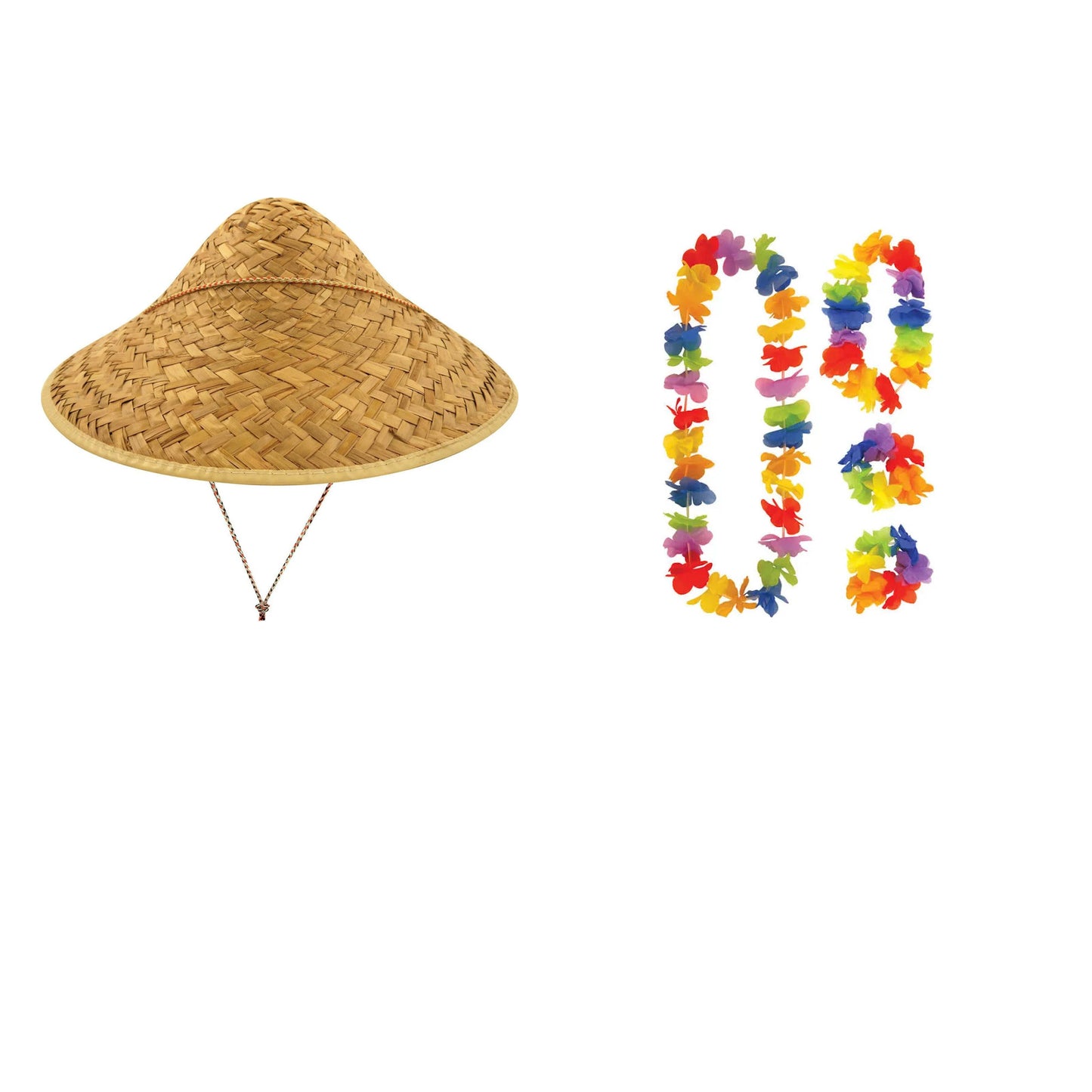 Exact products included in Conical Straw Hat & 4 Piece Hawaiian Lei Set – 5 Piece Party Bundle