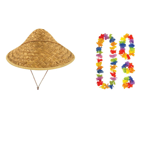 Exact products included in Conical Straw Hat & 4 Piece Hawaiian Lei Set – 5 Piece Party Bundle