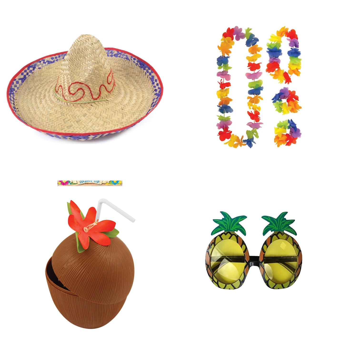 Exact products included in Embroidered Straw Sombrero , 4 Piece Hawaiian Lei Set, Coconut Cup & Pineapple Glasses – 7 Piece Bundle