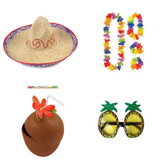 Exact products included in Embroidered Straw Sombrero , 4 Piece Hawaiian Lei Set, Coconut Cup & Pineapple Glasses – 7 Piece Bundle