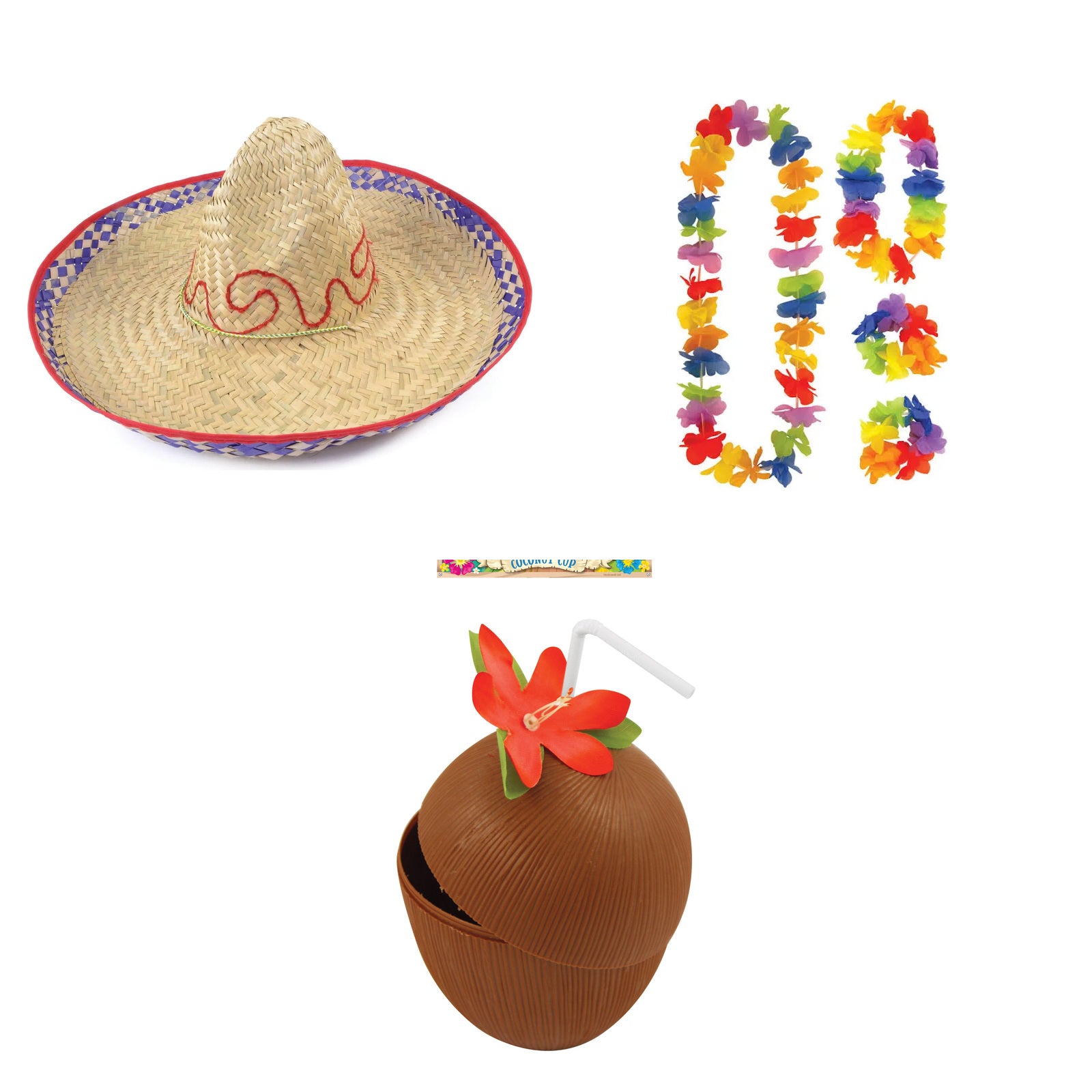 Exact products included in Embroidered Straw Sombrero , 4 Piece Hawaiian Lei Set & Coconut Cup – 6 Piece Bundle