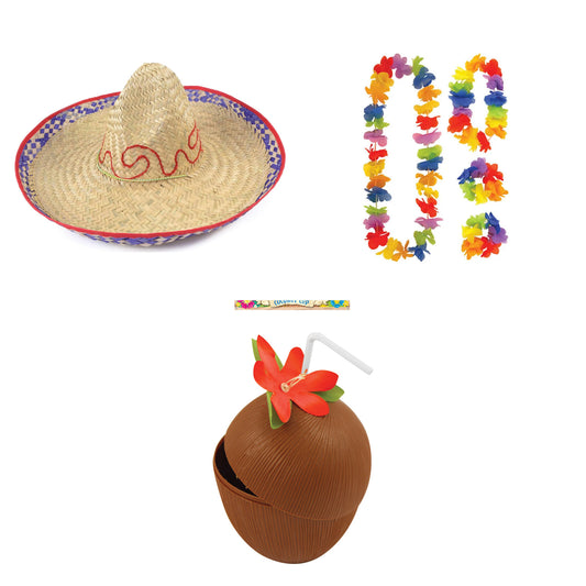 Exact products included in Embroidered Straw Sombrero , 4 Piece Hawaiian Lei Set & Coconut Cup – 6 Piece Bundle