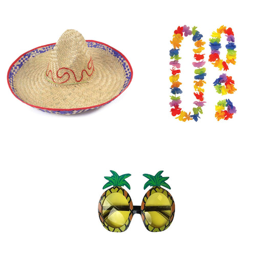 Exact products included in Embroidered Straw Sombrero , 4 Piece Hawaiian Lei Set & Pineapple Glasses – 6 Piece Bundle