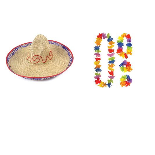Exact products included in Embroidered Straw Sombrero & 4 Piece Hawaiian Lei Set – 5 Piece Party Bundle