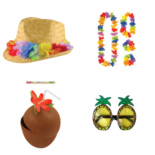 Exact products included in Flower Band Straw Hat , 4 Piece Hawaiian Lei Set, Coconut Cup & Pineapple Glasses – 7 Piece Bundle