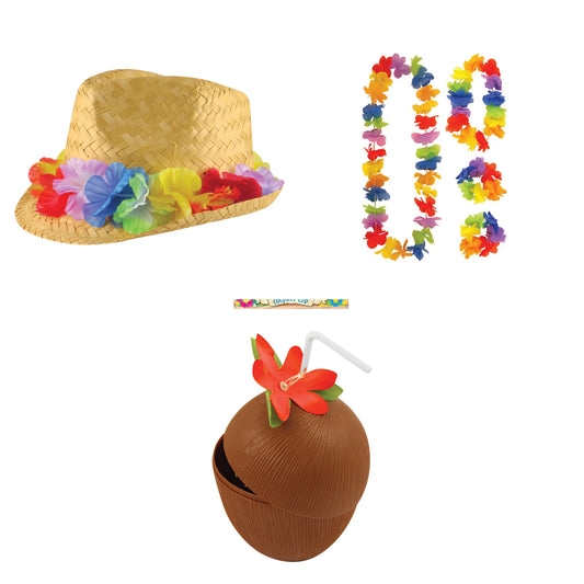 Exact products included in Flower Band Straw Hat , 4 Piece Hawaiian Lei Set & Coconut Cup – 6 Piece Bundle