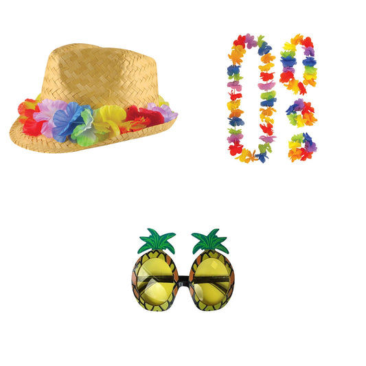 Exact products included in Flower Band Straw Hat , 4 Piece Hawaiian Lei Set & Pineapple Glasses – 6 Piece Bundle