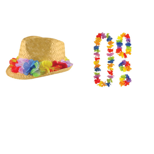 Exact products included in Flower Band Straw Hat & 4 Piece Hawaiian Lei Set – 5 Piece Party Bundle