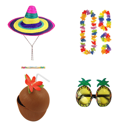 Exact products included in Multicoloured Straw Sombrero , 4 Piece Hawaiian Lei Set, Coconut Cup & Pineapple Glasses – 7 Piece Bundle