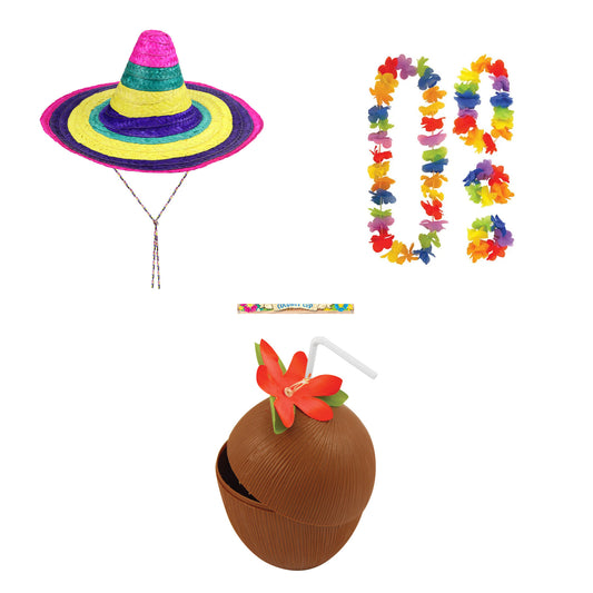 Exact products included in Multicoloured Straw Sombrero , 4 Piece Hawaiian Lei Set & Coconut Cup – 6 Piece Bundle