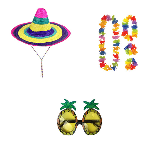 Exact products included in Multicoloured Straw Sombrero , 4 Piece Hawaiian Lei Set & Pineapple Glasses – 6 Piece Bundle